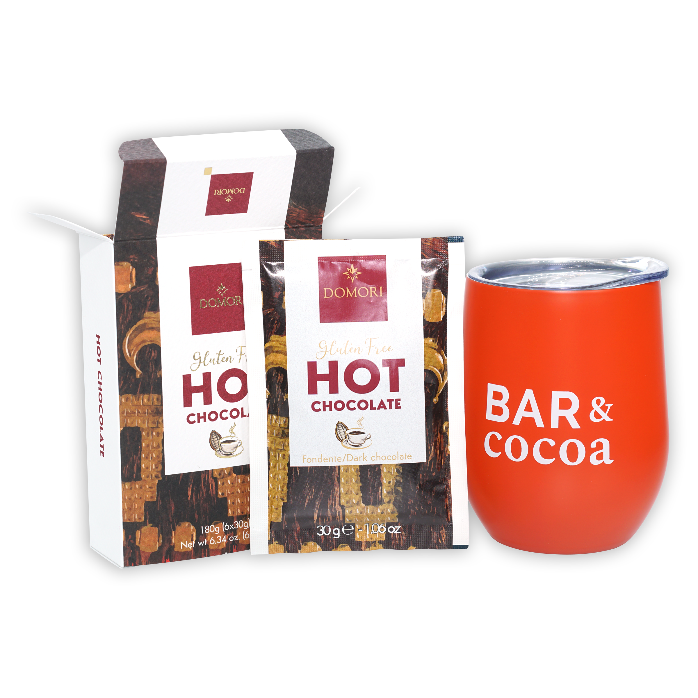Vibrant orange Domori Hot Chocolate Mix tumbler with clear lid and bar & cocoa lettering