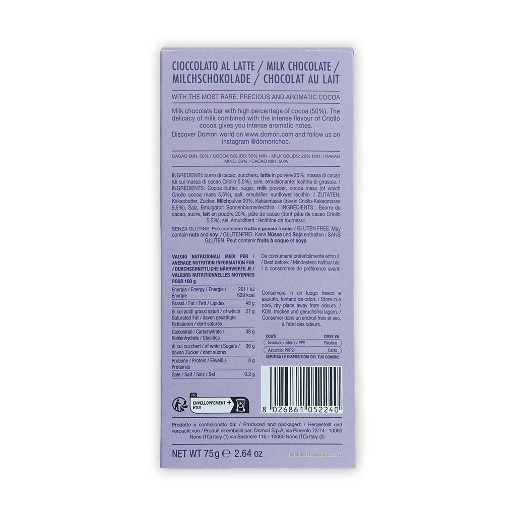 Domori Milk Chocolate 50% light gray wrapper back with multilingual text