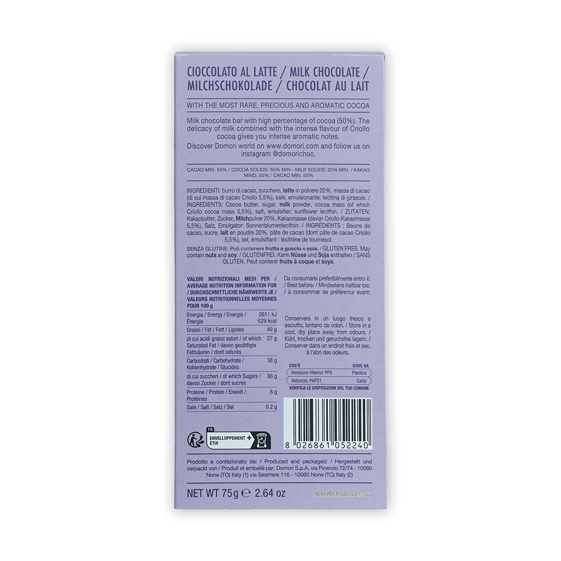 Domori Milk Chocolate 50% light gray wrapper back with multilingual text