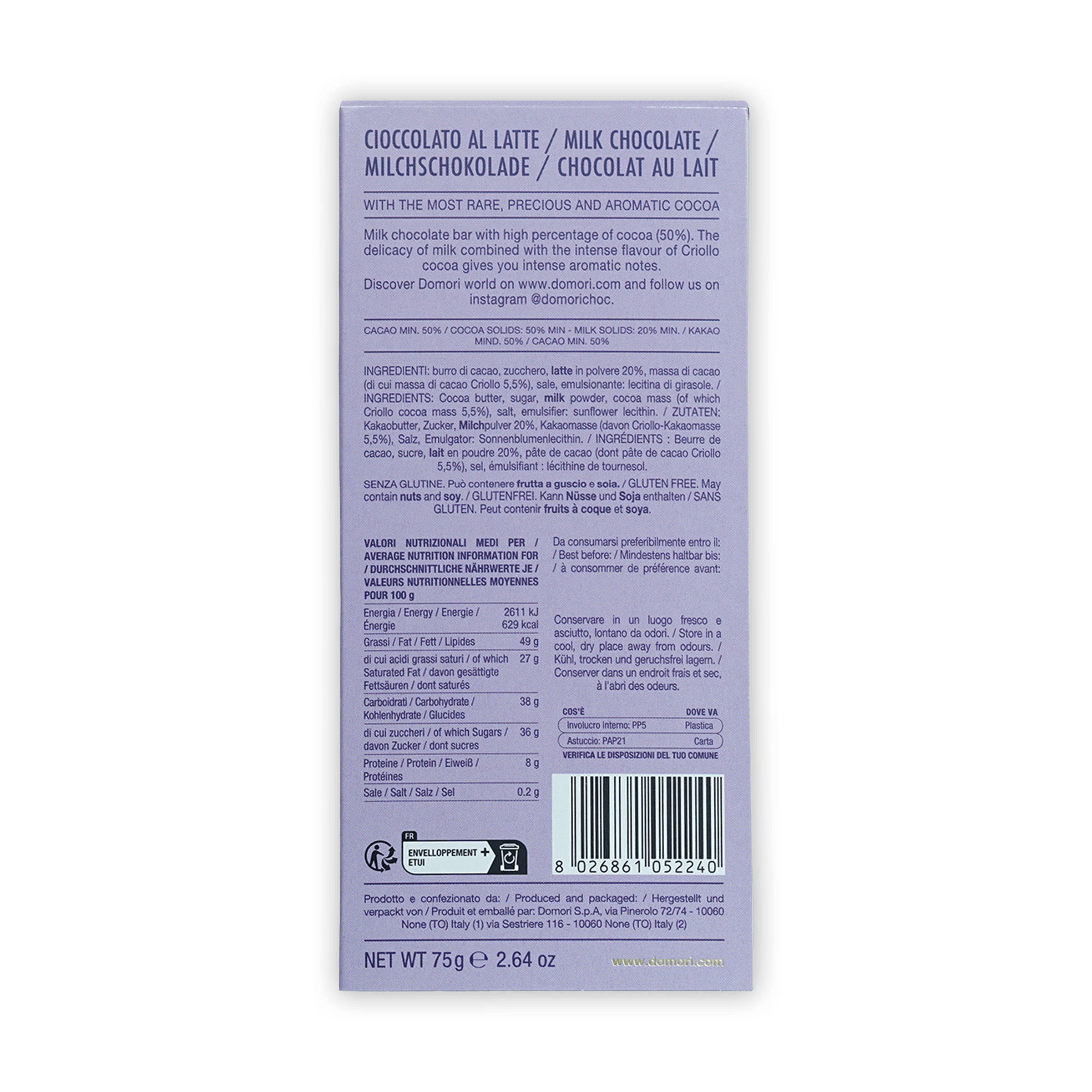 Domori Milk Chocolate 50% light gray wrapper back with multilingual text