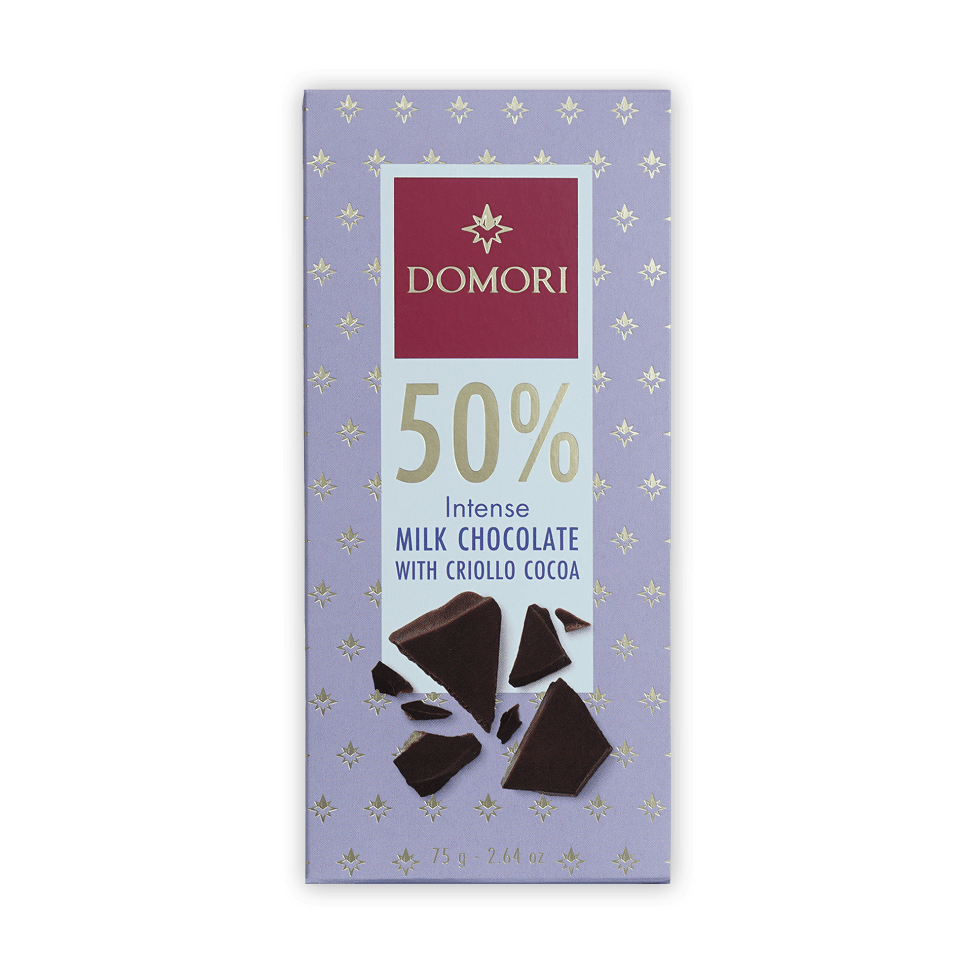 Domori Milk Chocolate 50% bar with criollo cocoa in lavender gold wrapper