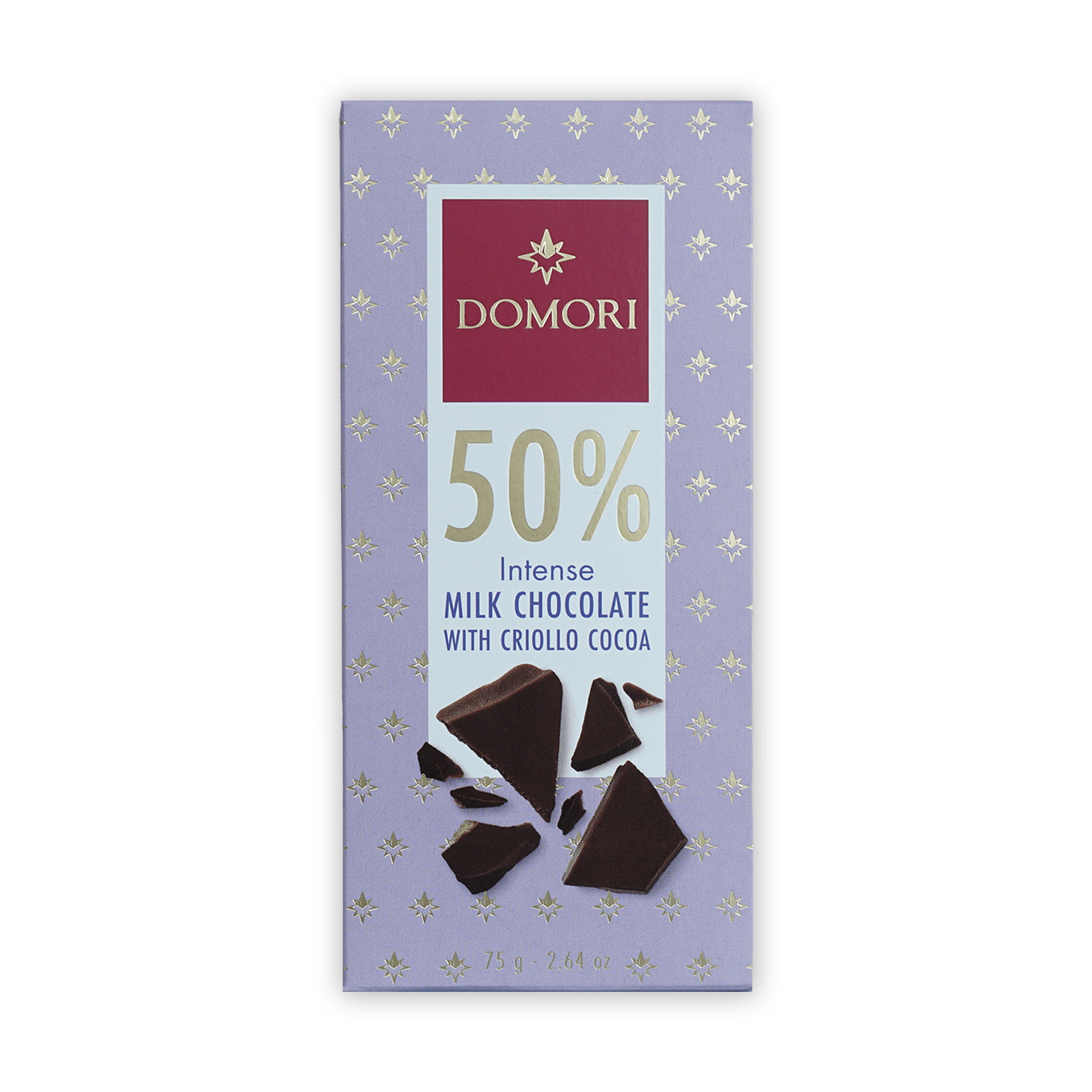 Domori Milk Chocolate 50% bar with criollo cocoa in lavender gold wrapper