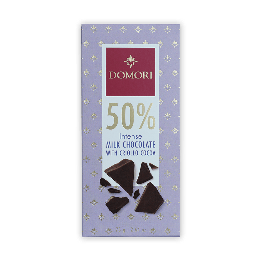 Domori Milk Chocolate 50% bar with criollo cocoa in lavender gold wrapper
