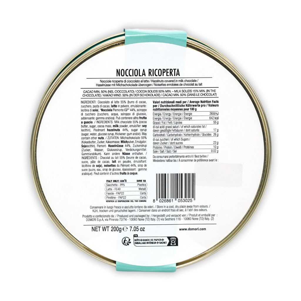 Domori Milk Chocolate Coated Hazelnuts Tin Gift Box 50% with nocciola ricoperta label