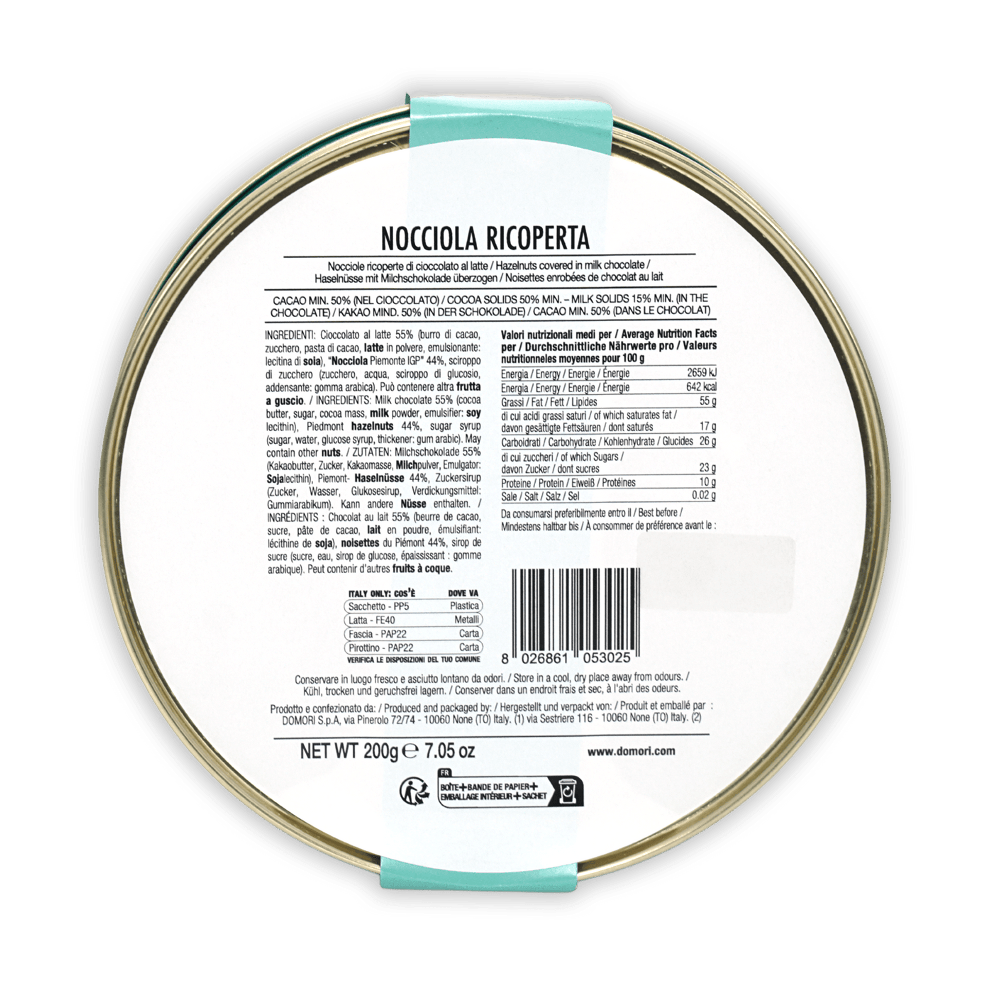 Domori Milk Chocolate Coated Hazelnuts Tin Gift Box 50% with nocciola ricoperta label