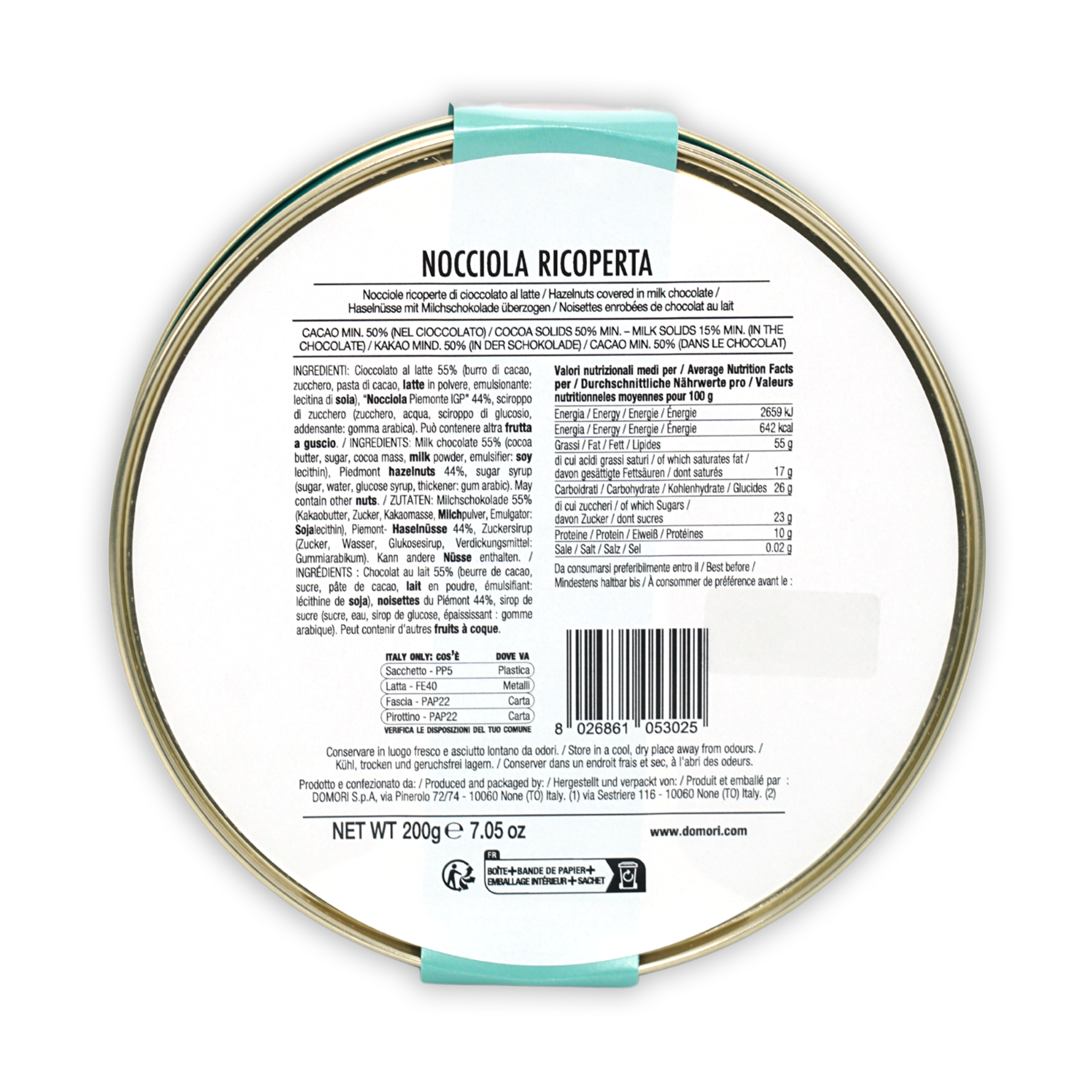Domori Milk Chocolate Coated Hazelnuts Tin Gift Box 50% with nocciola ricoperta label