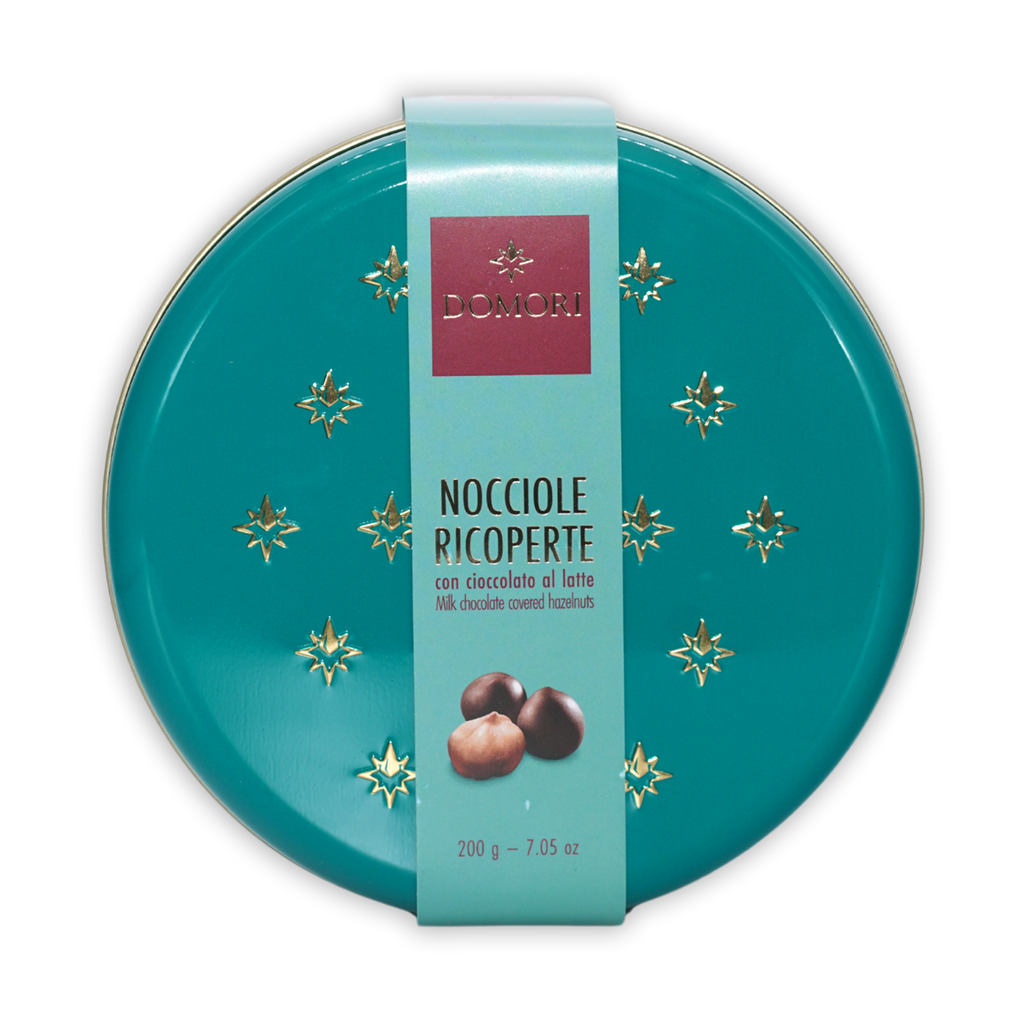 Domori milk chocolate coated hazelnuts teal tin with gold stars 50%