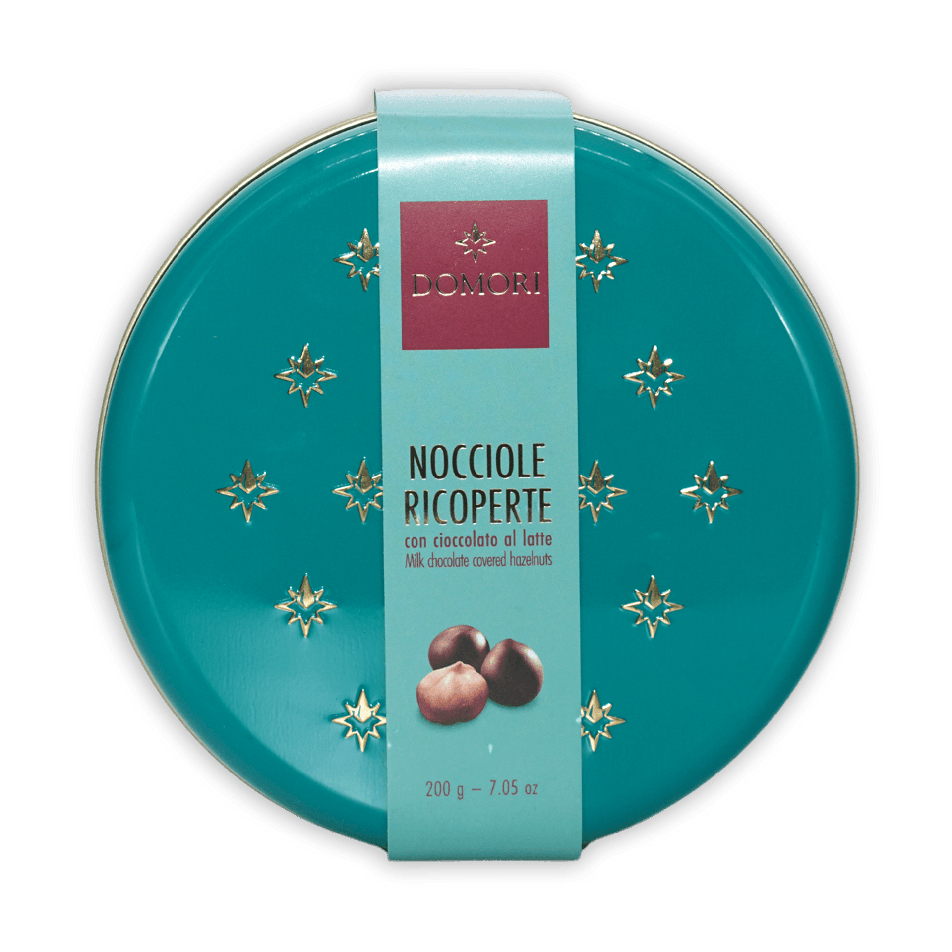 Domori milk chocolate coated hazelnuts teal tin with gold stars 50%