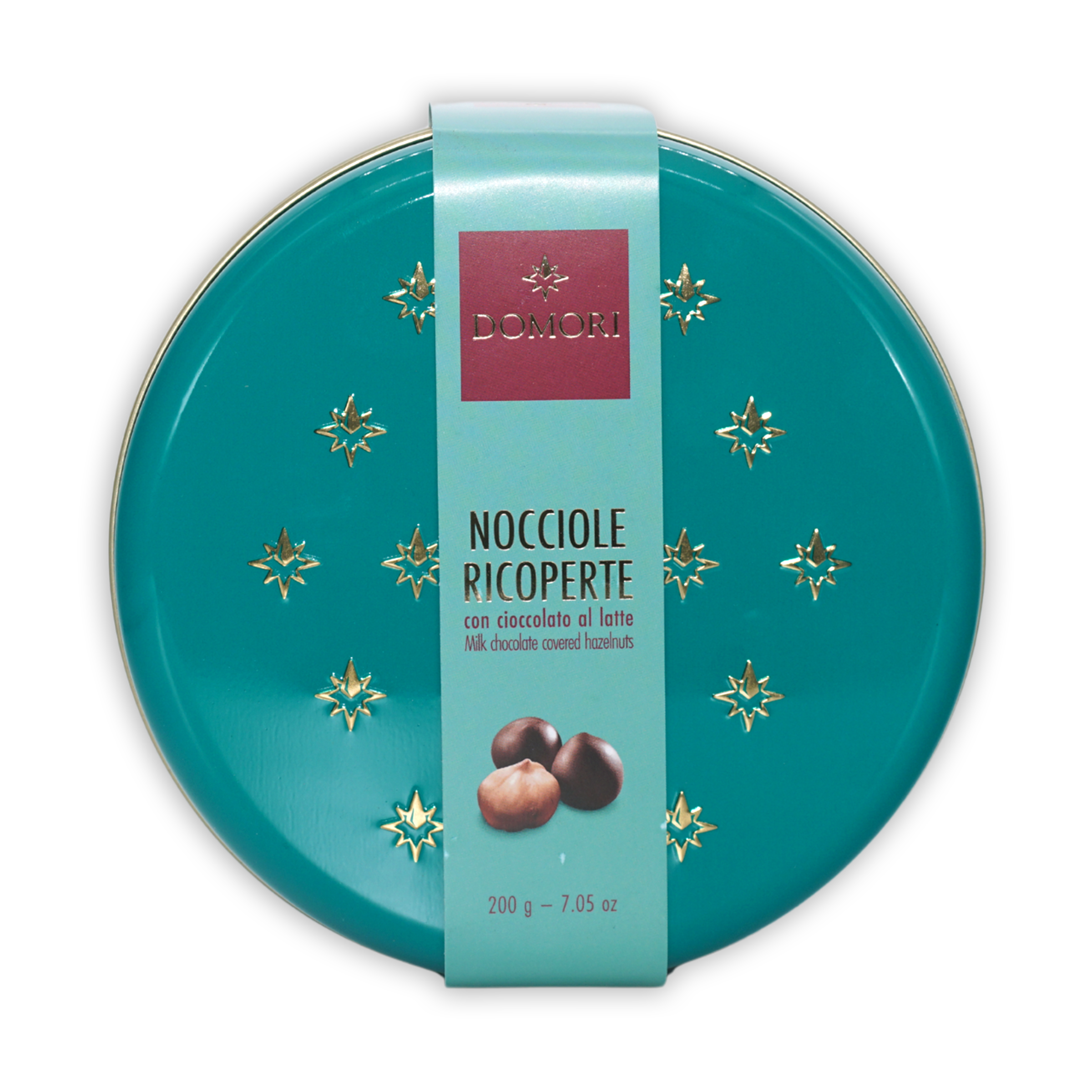 Domori milk chocolate coated hazelnuts teal tin with gold stars 50%