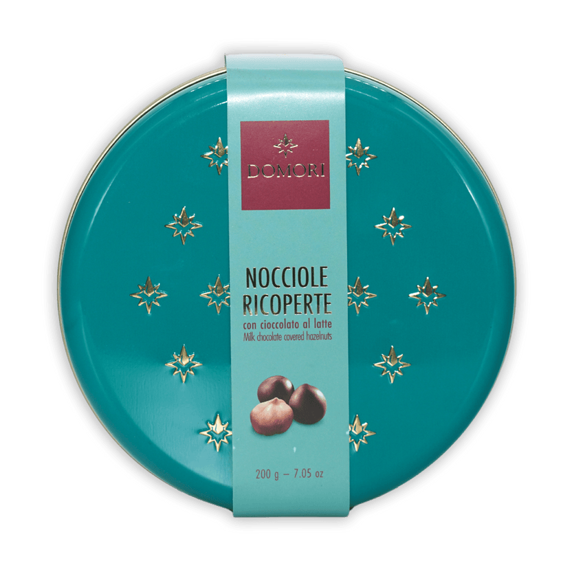 Domori milk chocolate coated hazelnuts teal tin with gold stars 50%