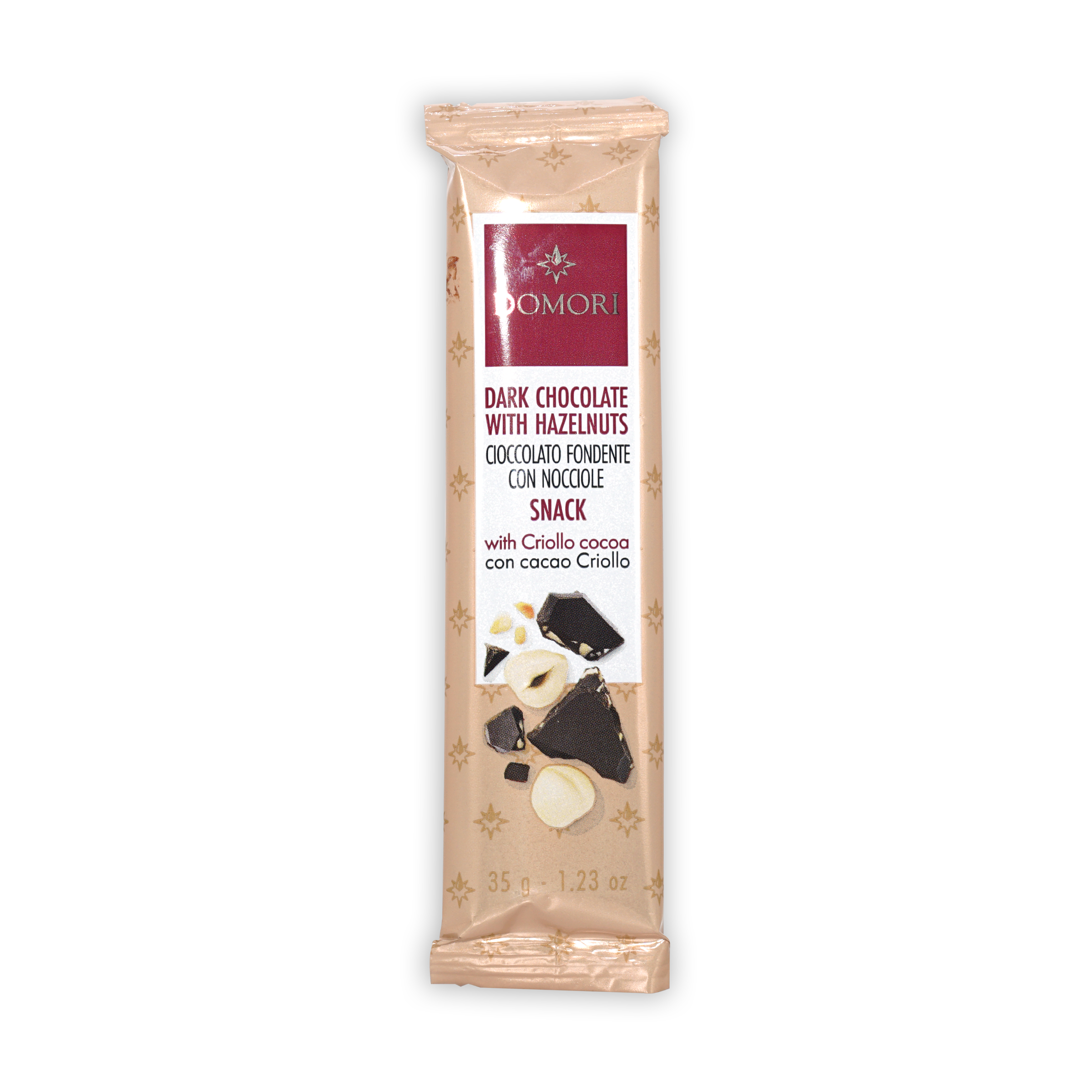 Domori Mini Bars dark chocolate with hazelnuts 35g bar in beige foil