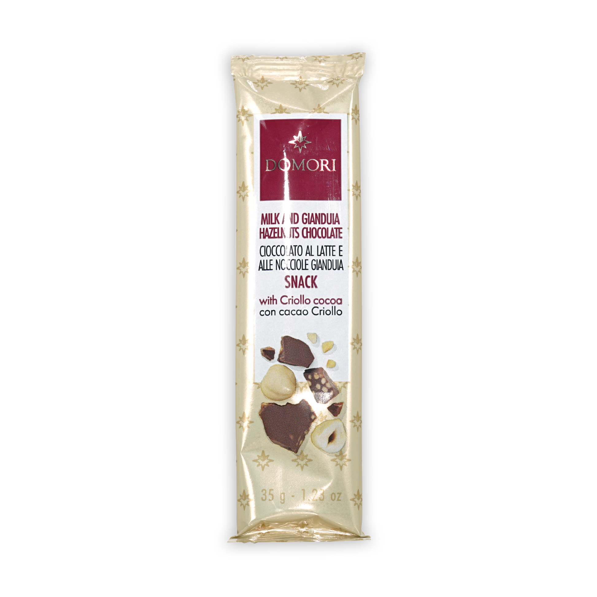 Domori Gianduja w/ Hazelnuts mini bar, 35g milk hazelnut chocolate in cream wrapper