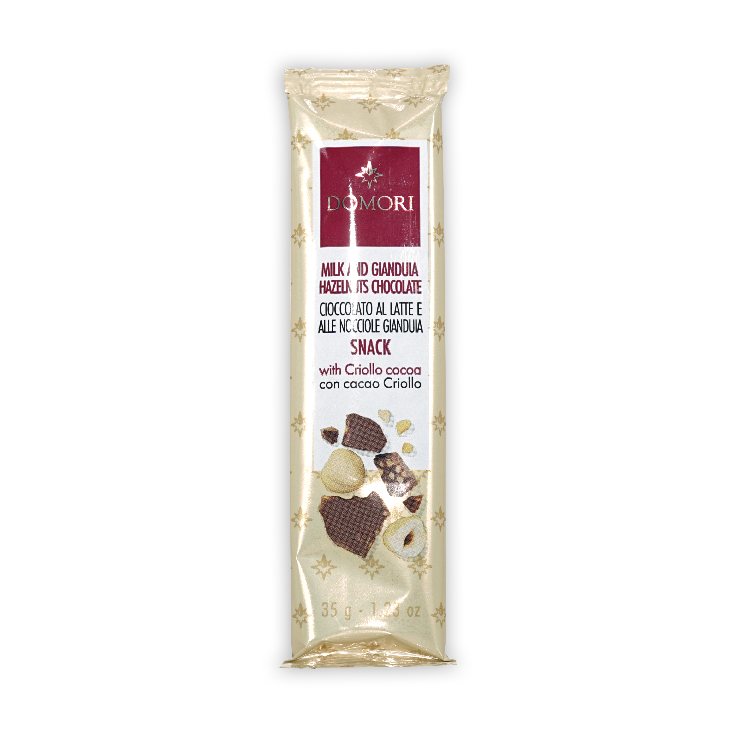 Domori Gianduja w/ Hazelnuts mini bar, 35g milk hazelnut chocolate in cream wrapper