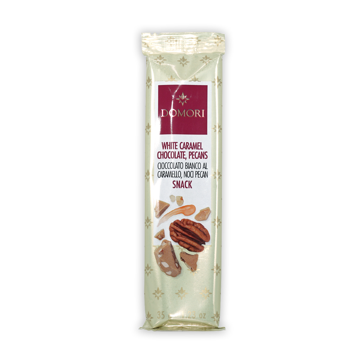 Domori Mini Bars White with Pecans in green foil with gold stars