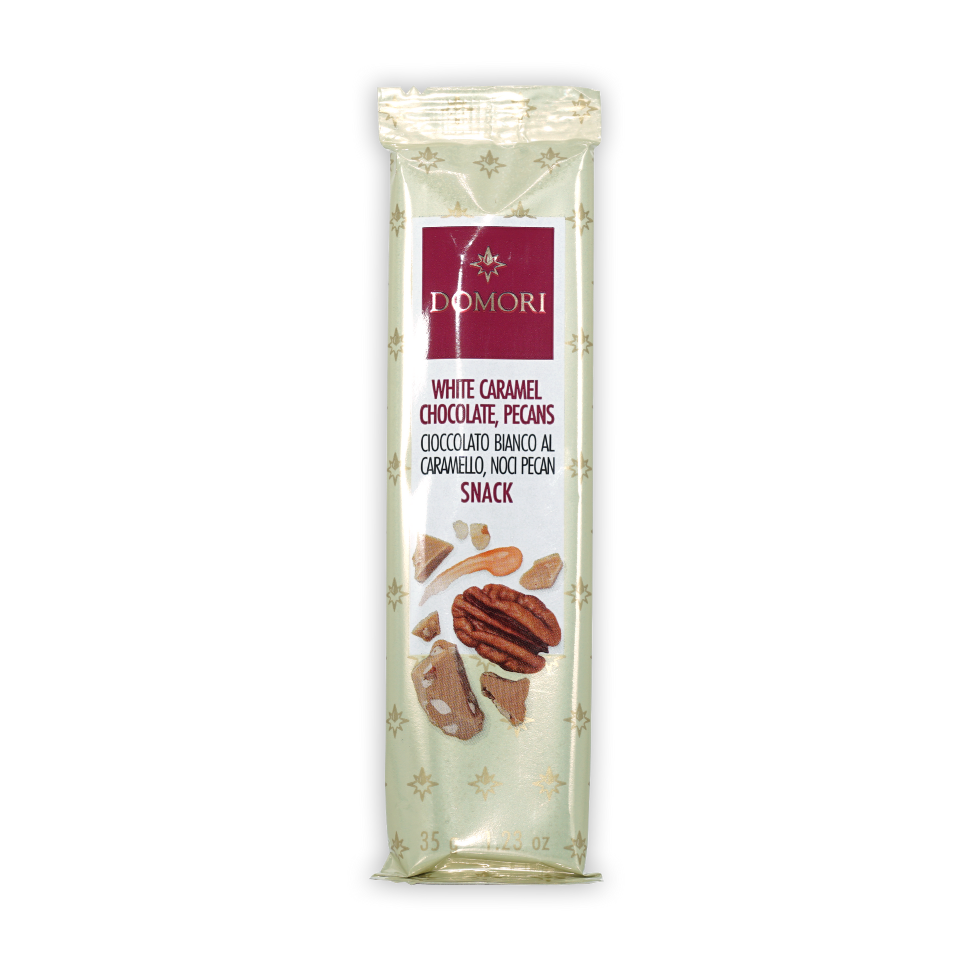 Domori Mini Bars White with Pecans in green foil with gold stars