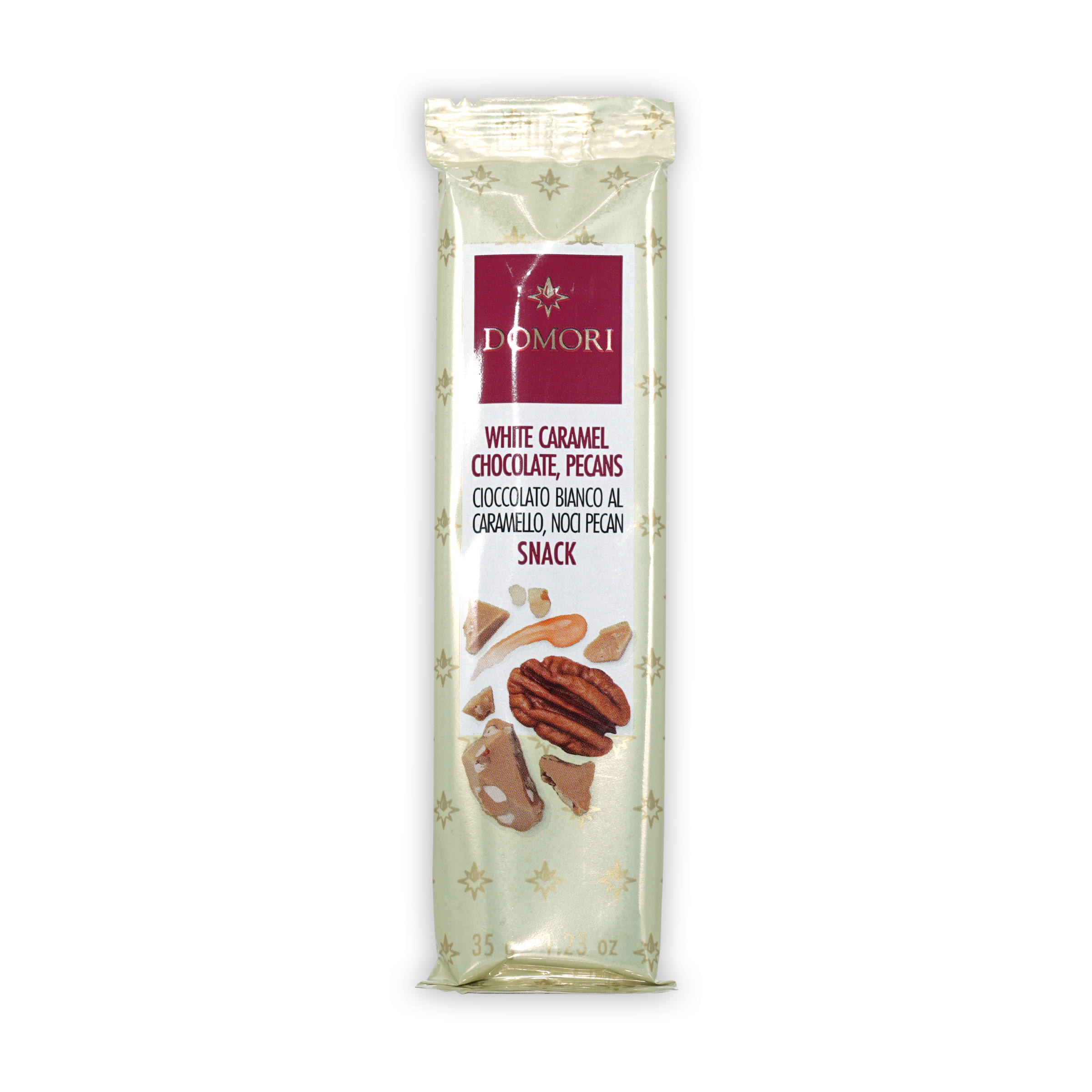 Domori Mini Bars White with Pecans in green foil with gold stars