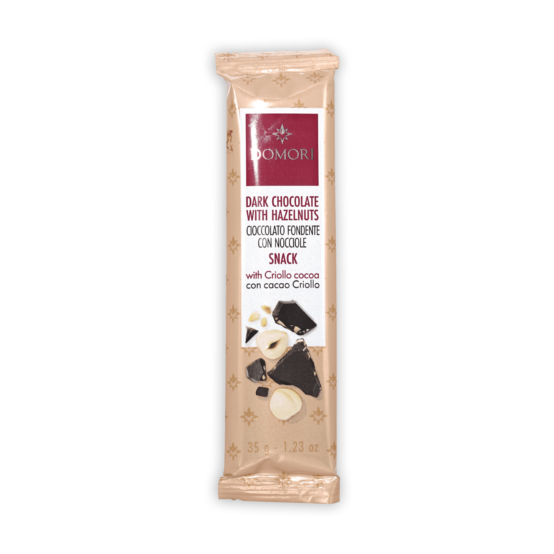 Domori Mini Bars dark chocolate with hazelnuts 35g bar in beige foil