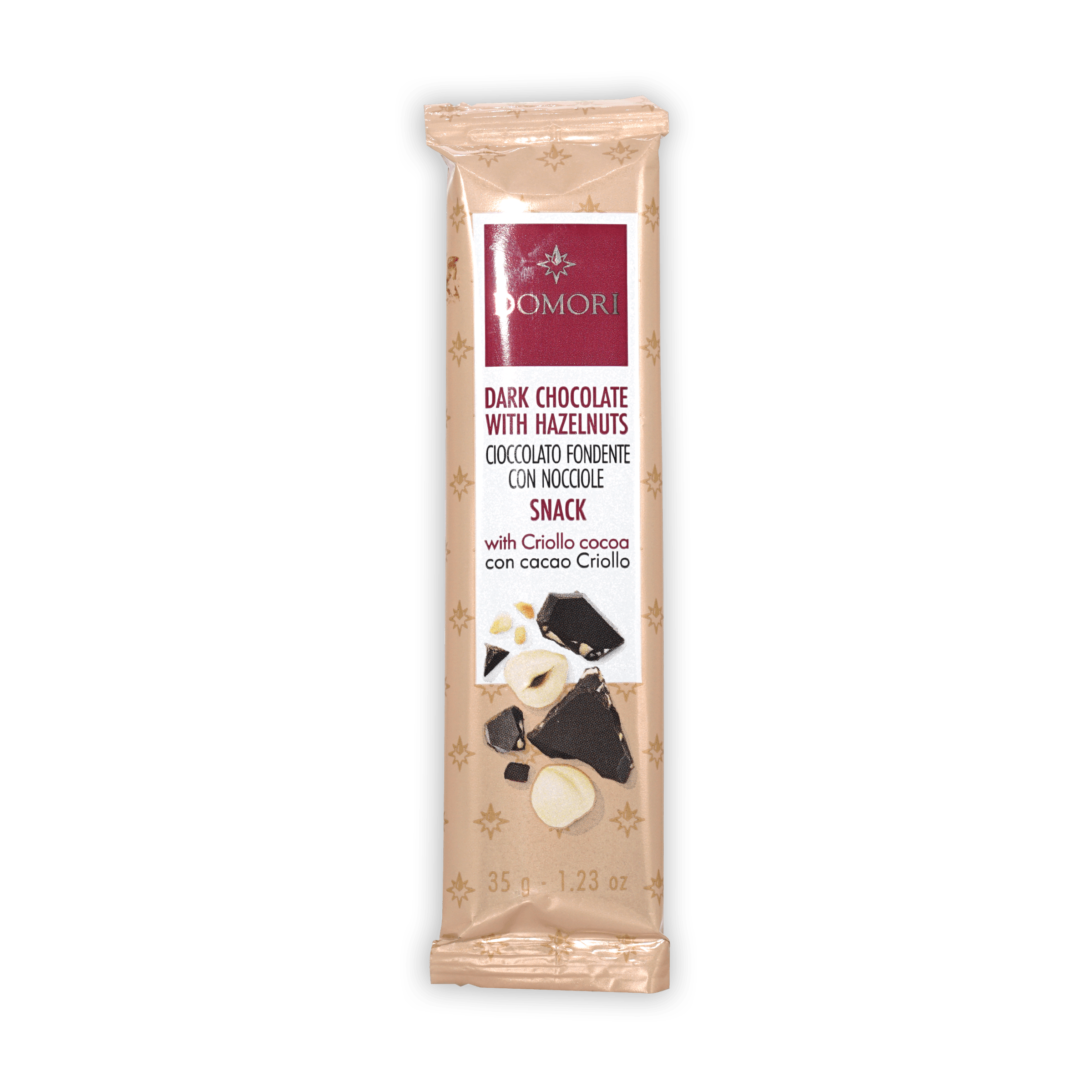 Domori Mini Bars dark chocolate with hazelnuts 35g bar in beige foil