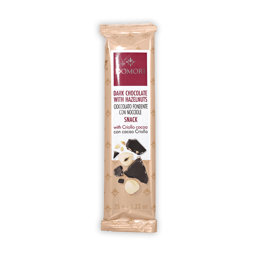 Domori Mini Bars dark chocolate with hazelnuts 35g bar in beige foil
