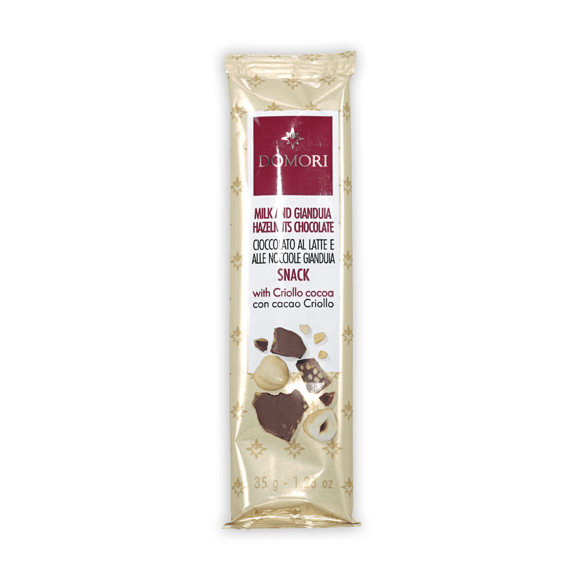 Domori Gianduja w/ Hazelnuts mini bar, 35g milk hazelnut chocolate in cream wrapper
