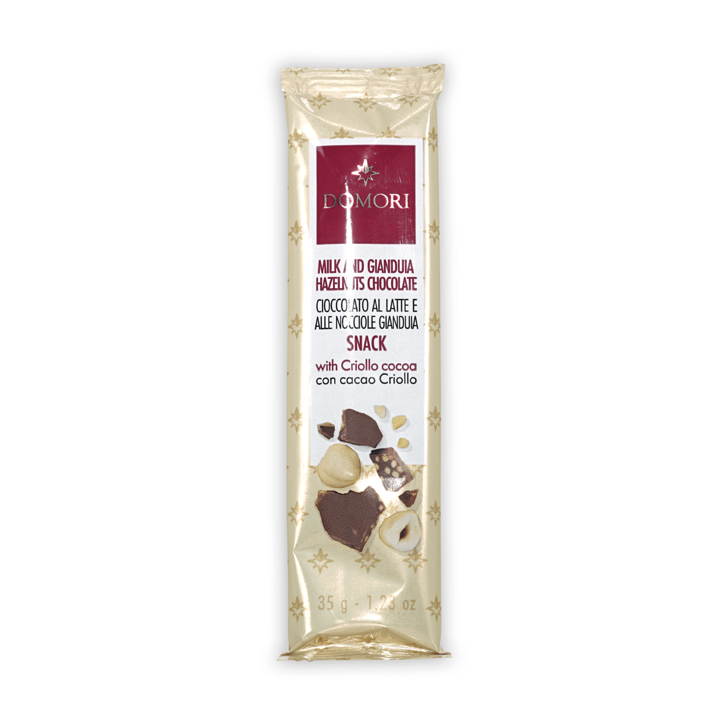 Domori Gianduja w/ Hazelnuts mini bar, 35g milk hazelnut chocolate in cream wrapper