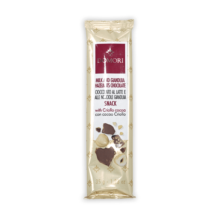Domori Gianduja w/ Hazelnuts mini bar, 35g milk hazelnut chocolate in cream wrapper