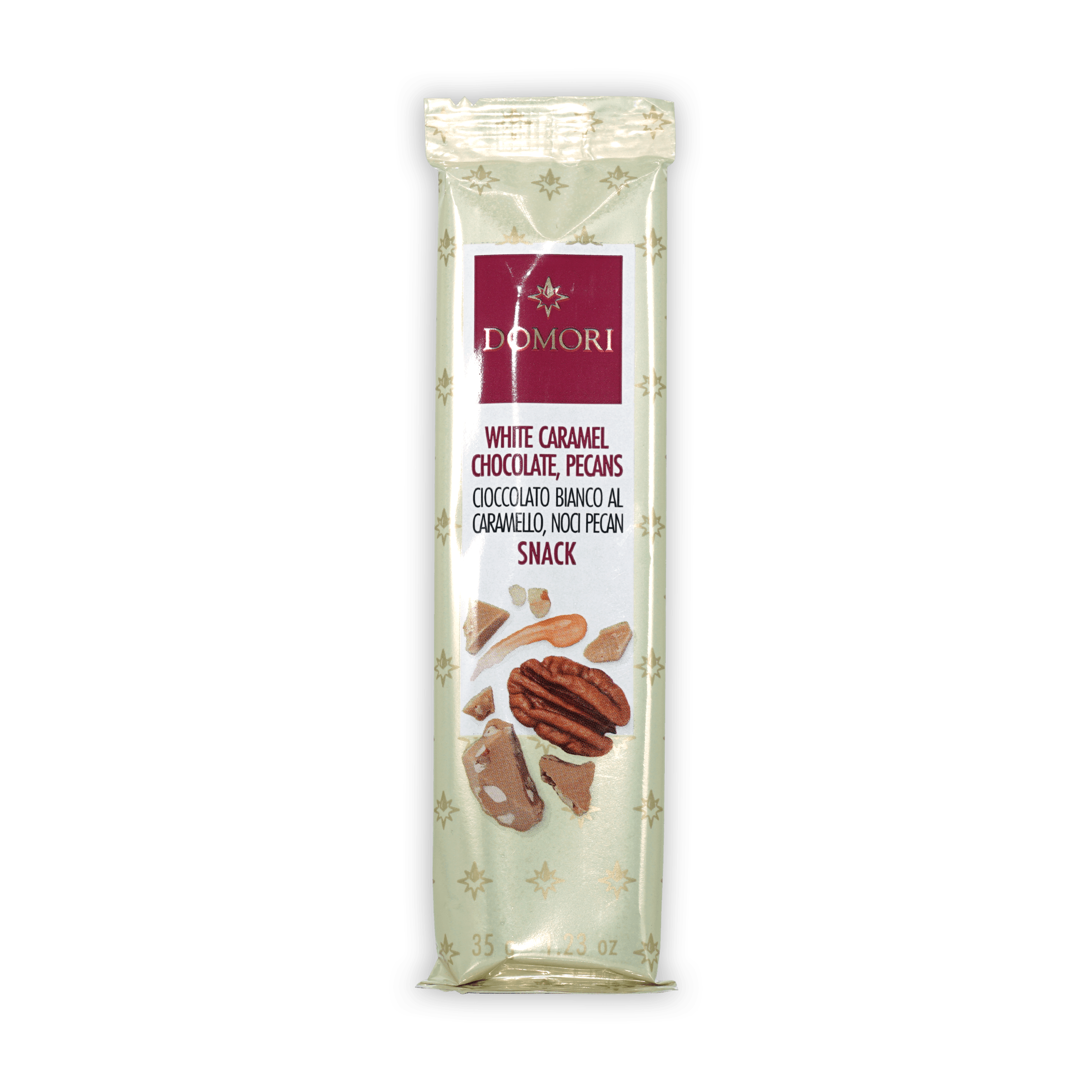Domori Mini Bars White with Pecans in green foil with gold stars