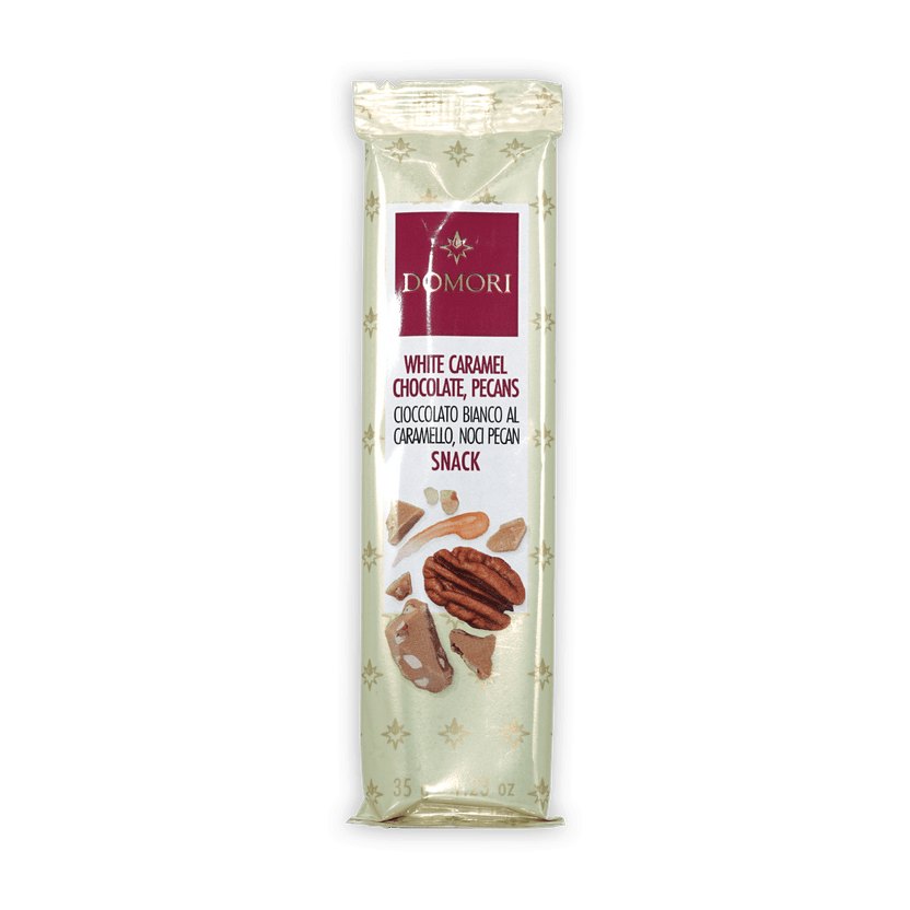 Domori Mini Bars White with Pecans in green foil with gold stars