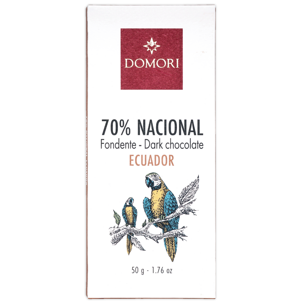 Domori Nacional Ecuador 70% dark chocolate bar with macaw design