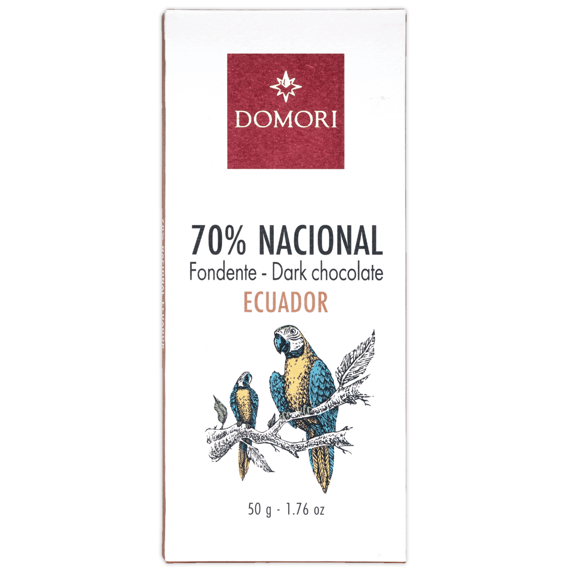 Domori Nacional Ecuador 70% dark chocolate bar with macaw design