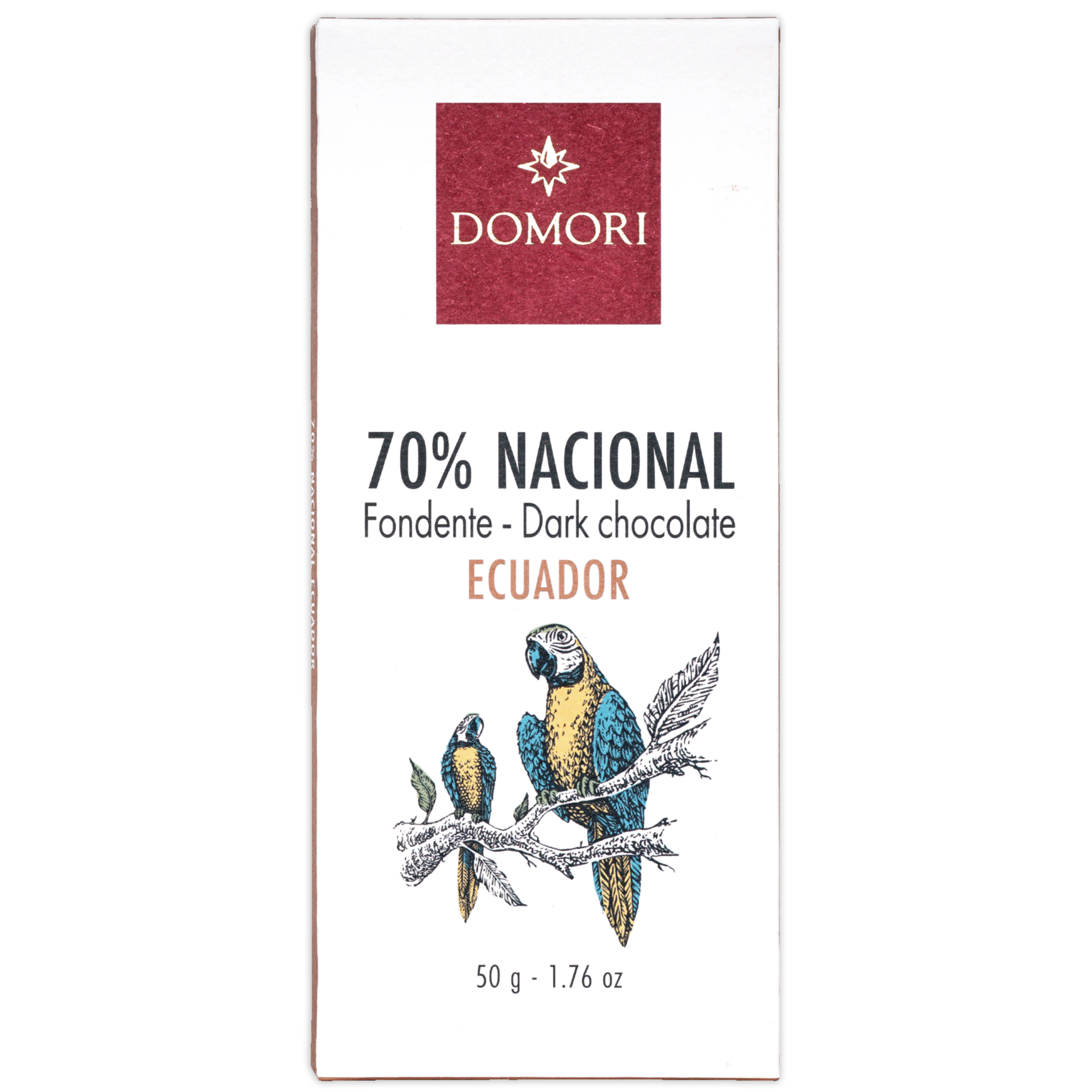 Domori Nacional Ecuador 70% dark chocolate bar with macaw design