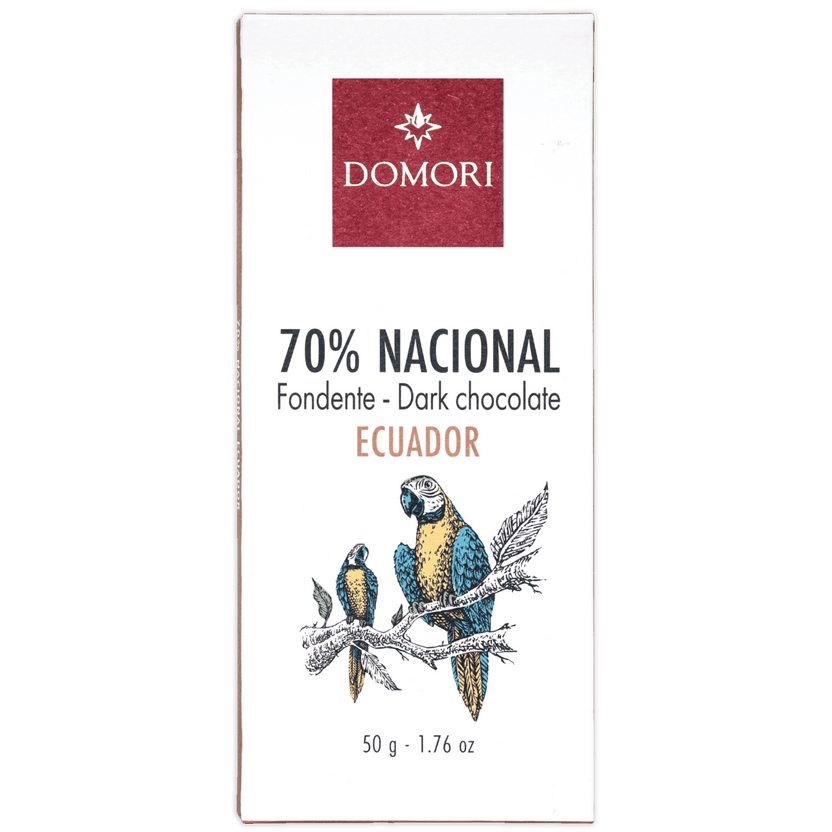 Domori Nacional Ecuador 70% dark chocolate bar with macaw design