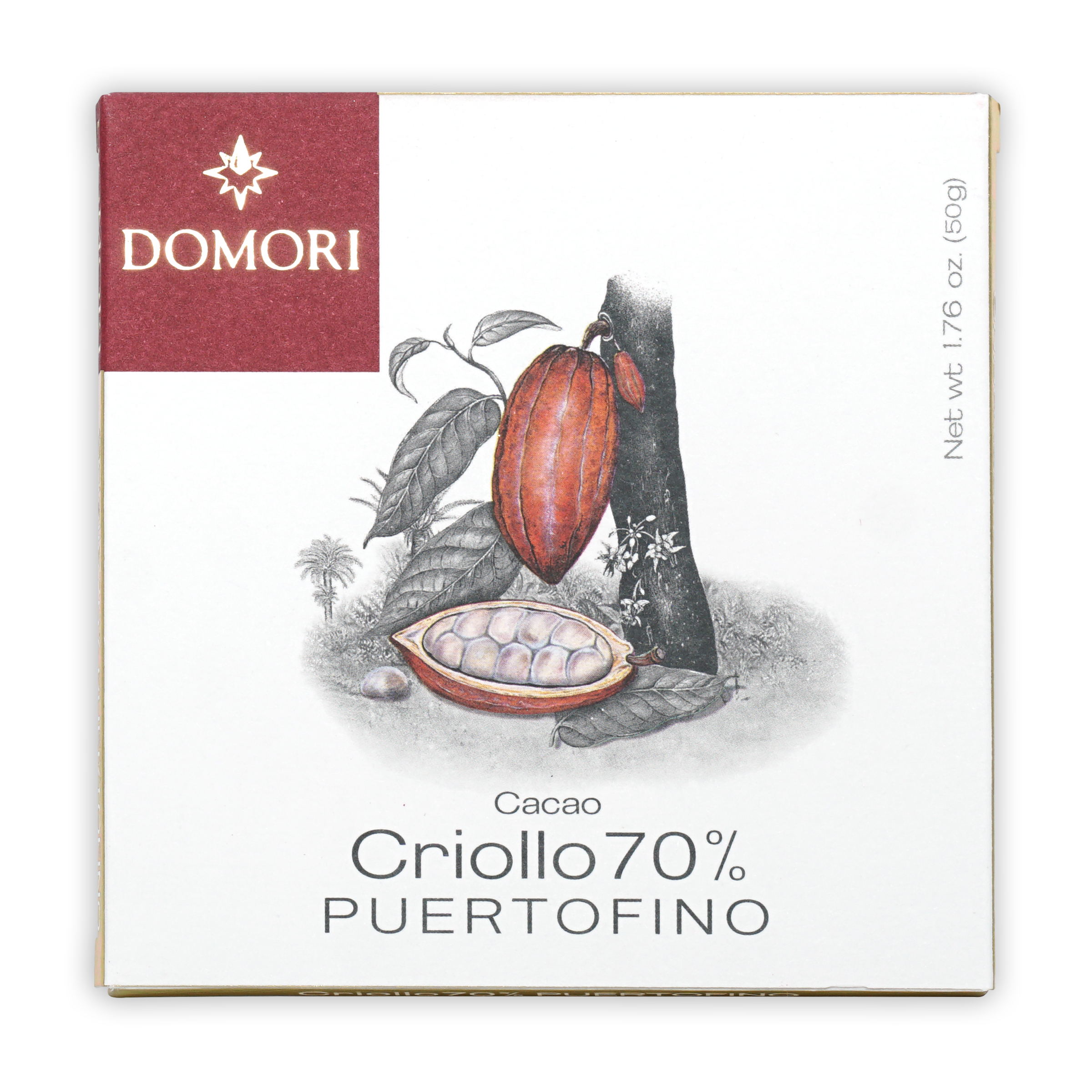 Domori Puertofino Criollo 70% limited edition cacao bar in white maroon box with cocoa pods design