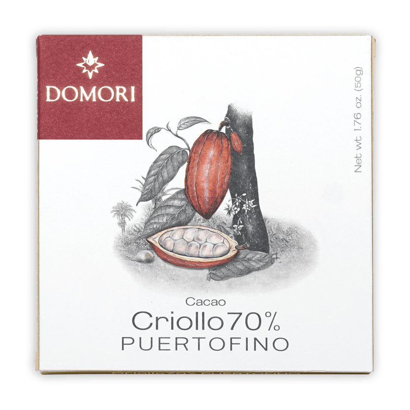 Domori Puertofino Criollo 70% limited edition cacao bar in white maroon box with cocoa pods design