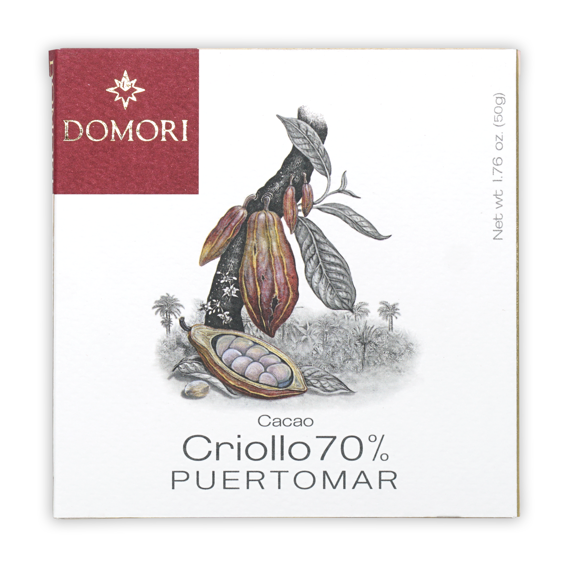 Domori Puertomar Criollo 70% limited edition chocolate bar in white maroon box