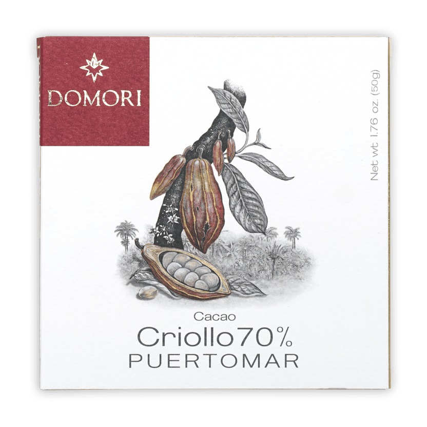 Domori Puertomar Criollo 70% limited edition chocolate bar in white maroon box