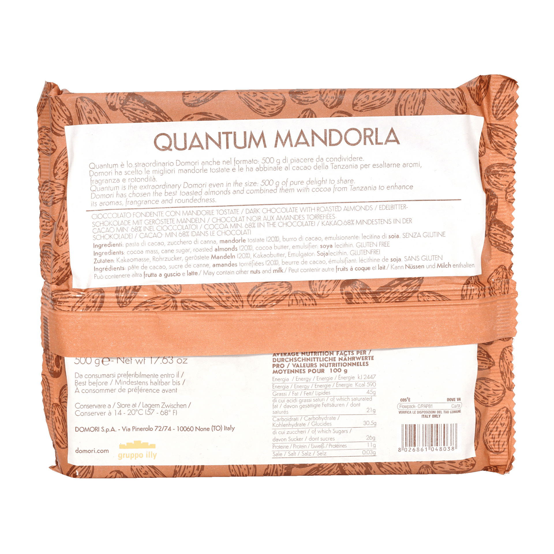 Domori Quantum Dark Chocolate and Whole Almonds 68% 500g package