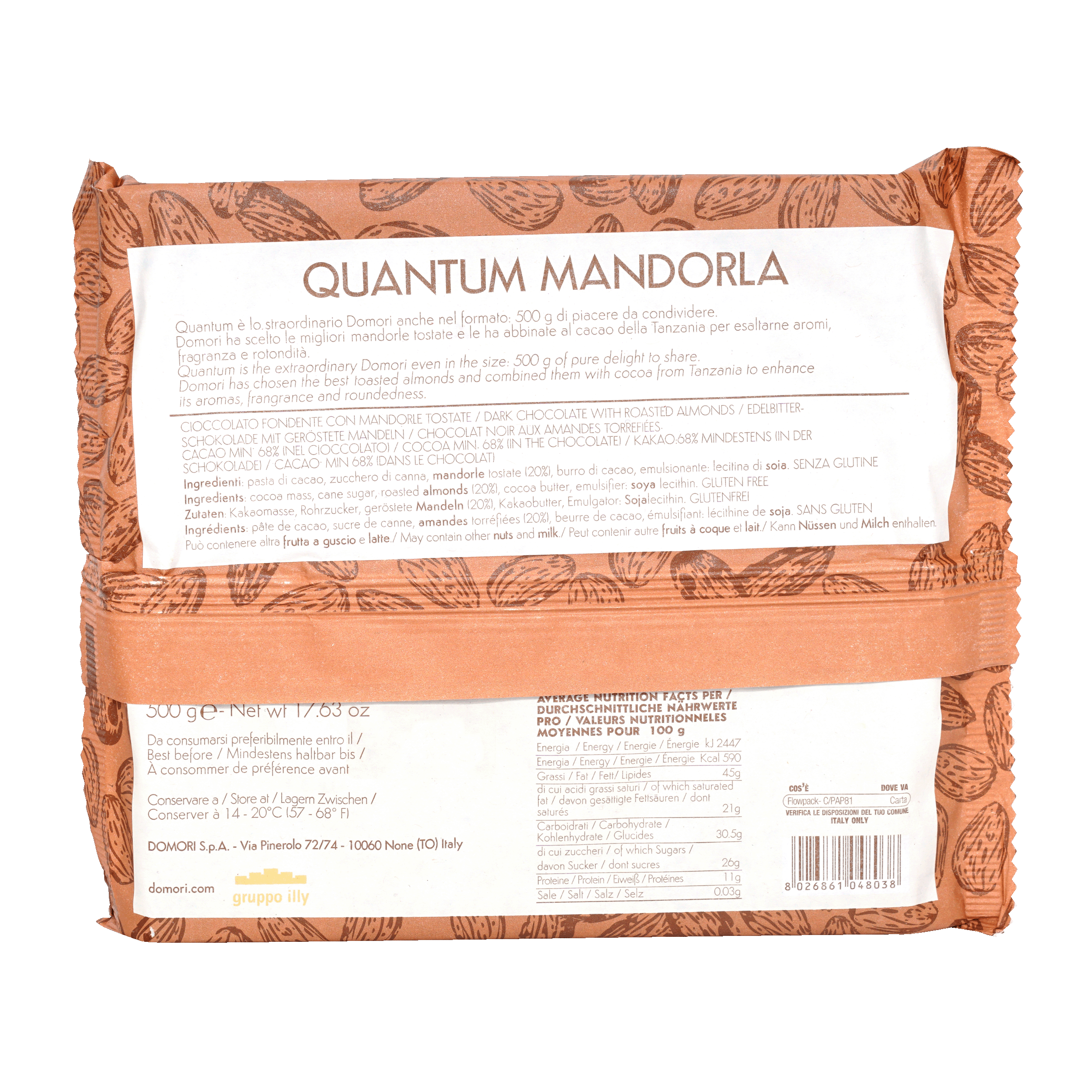 Domori Quantum Dark Chocolate and Whole Almonds 68% 500g package