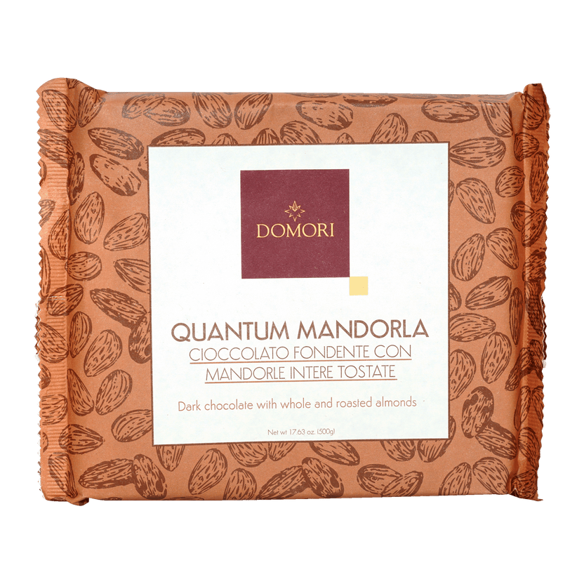 Domori Quantum mandorla dark chocolate bar with whole roasted almonds 68% 500g