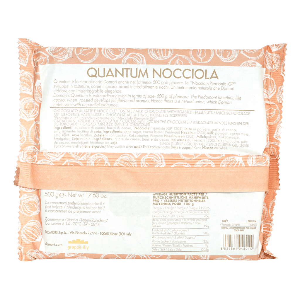 Domori Quantum Milk Chocolate w/ Hazelnuts 42% 500g orangy-pink nocciola bars