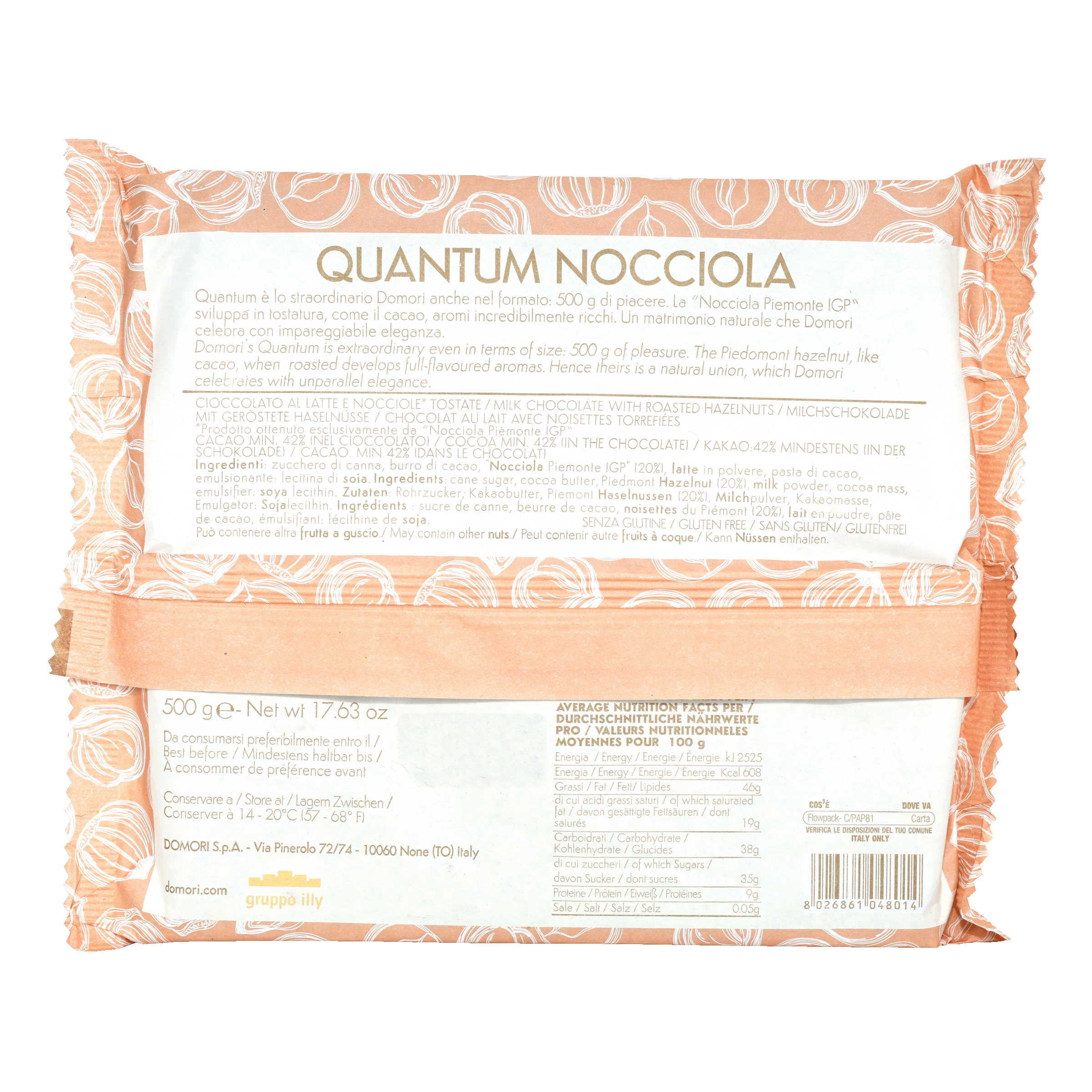 Domori Quantum Milk Chocolate w/ Hazelnuts 42% 500g orangy-pink nocciola bars