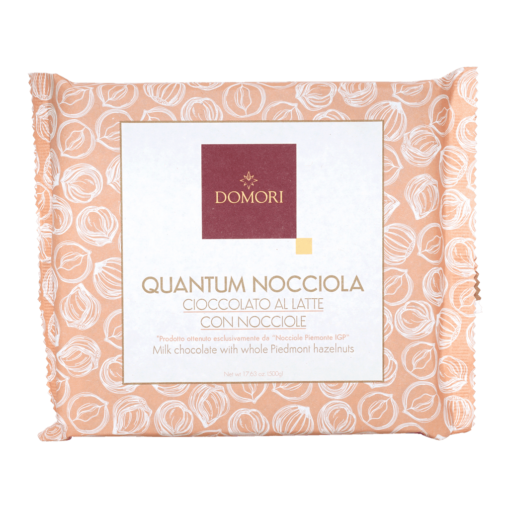 Domori Quantum Milk Chocolate w/ Hazelnuts 42% 500g bar in peach foil