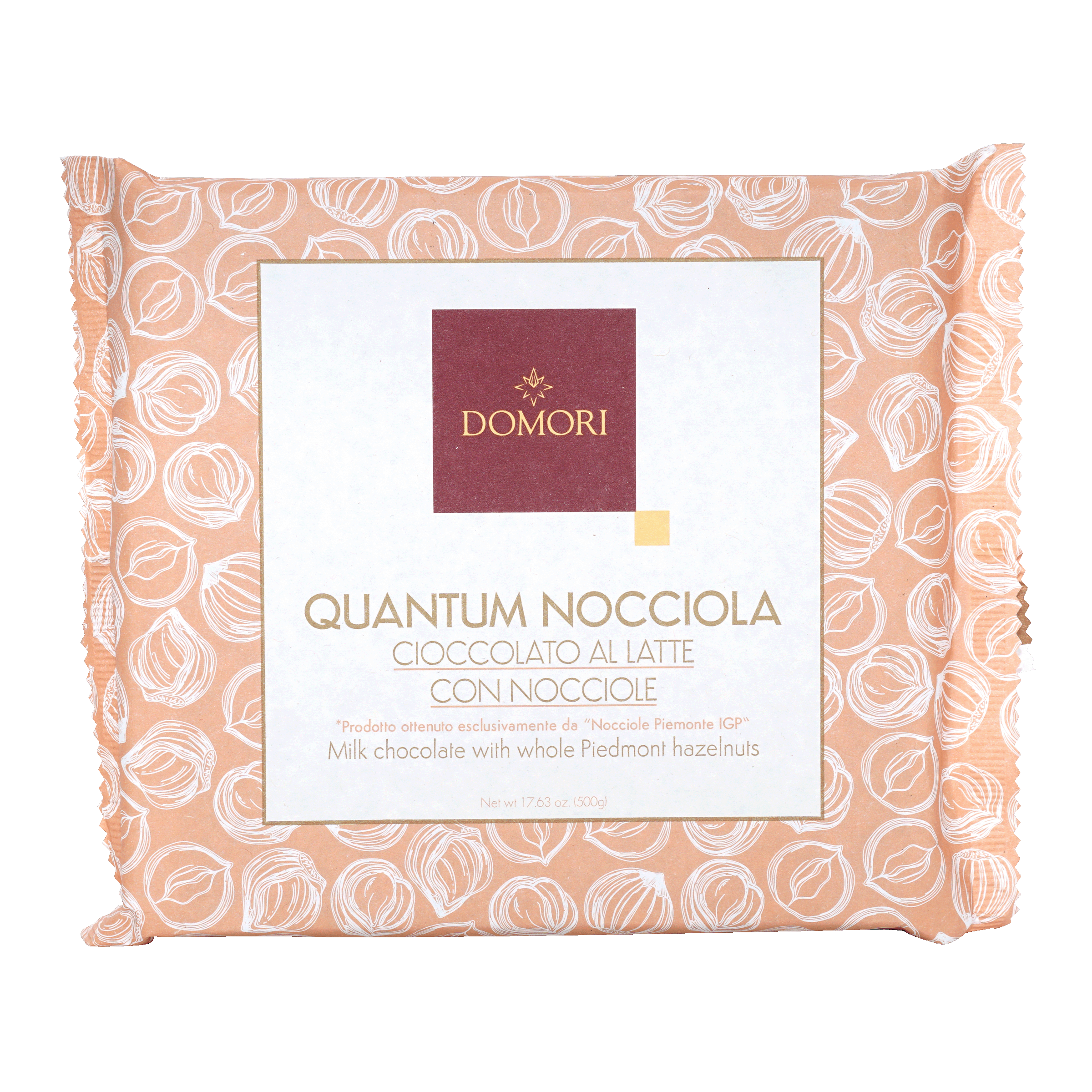 Domori Quantum Milk Chocolate w/ Hazelnuts 42% 500g bar in peach foil