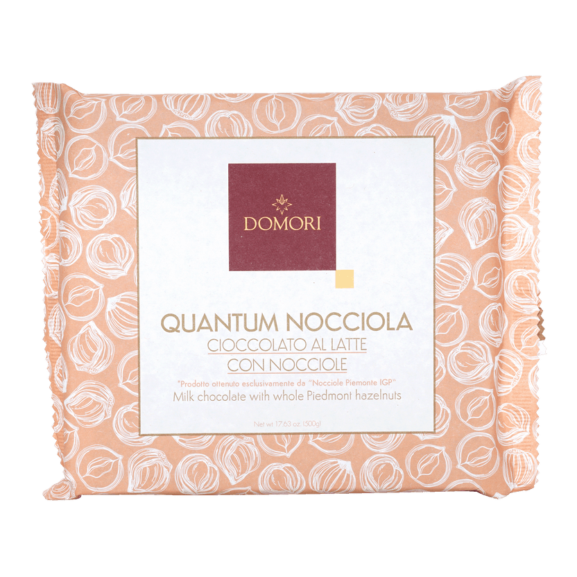 Domori Quantum Milk Chocolate w/ Hazelnuts 42% 500g bar in peach foil