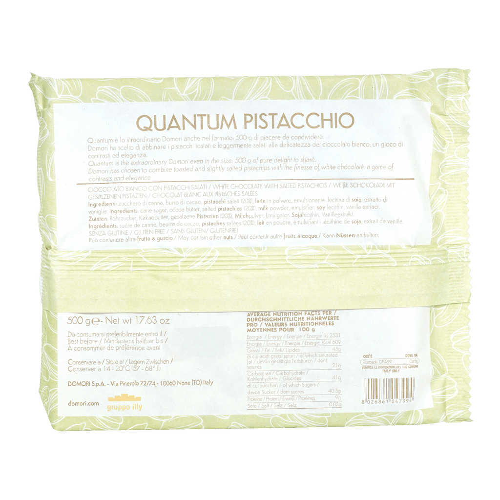 Domori Quantum white chocolate slab with whole salted pistachios, 500g bar