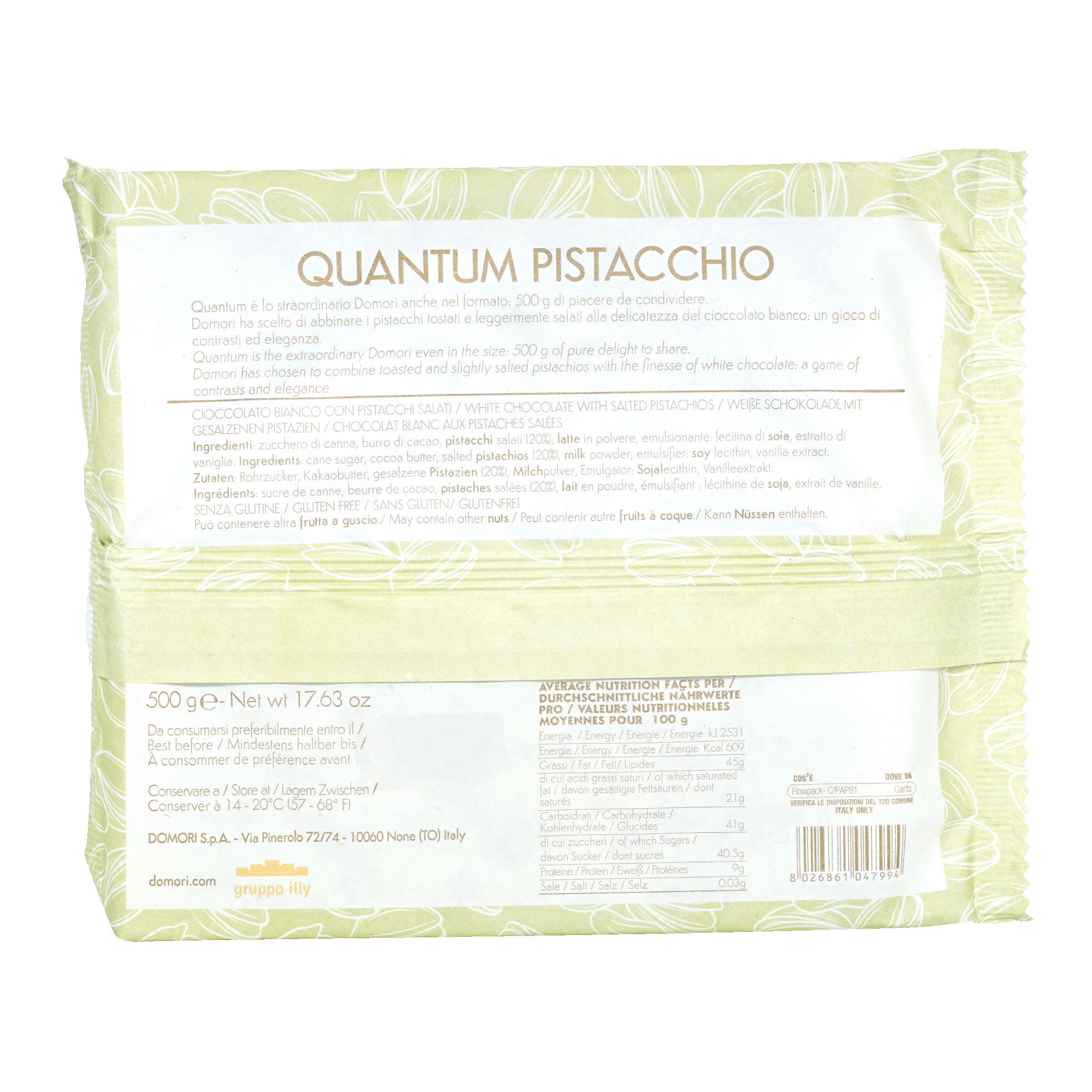 Domori Quantum white chocolate slab with whole salted pistachios, 500g bar