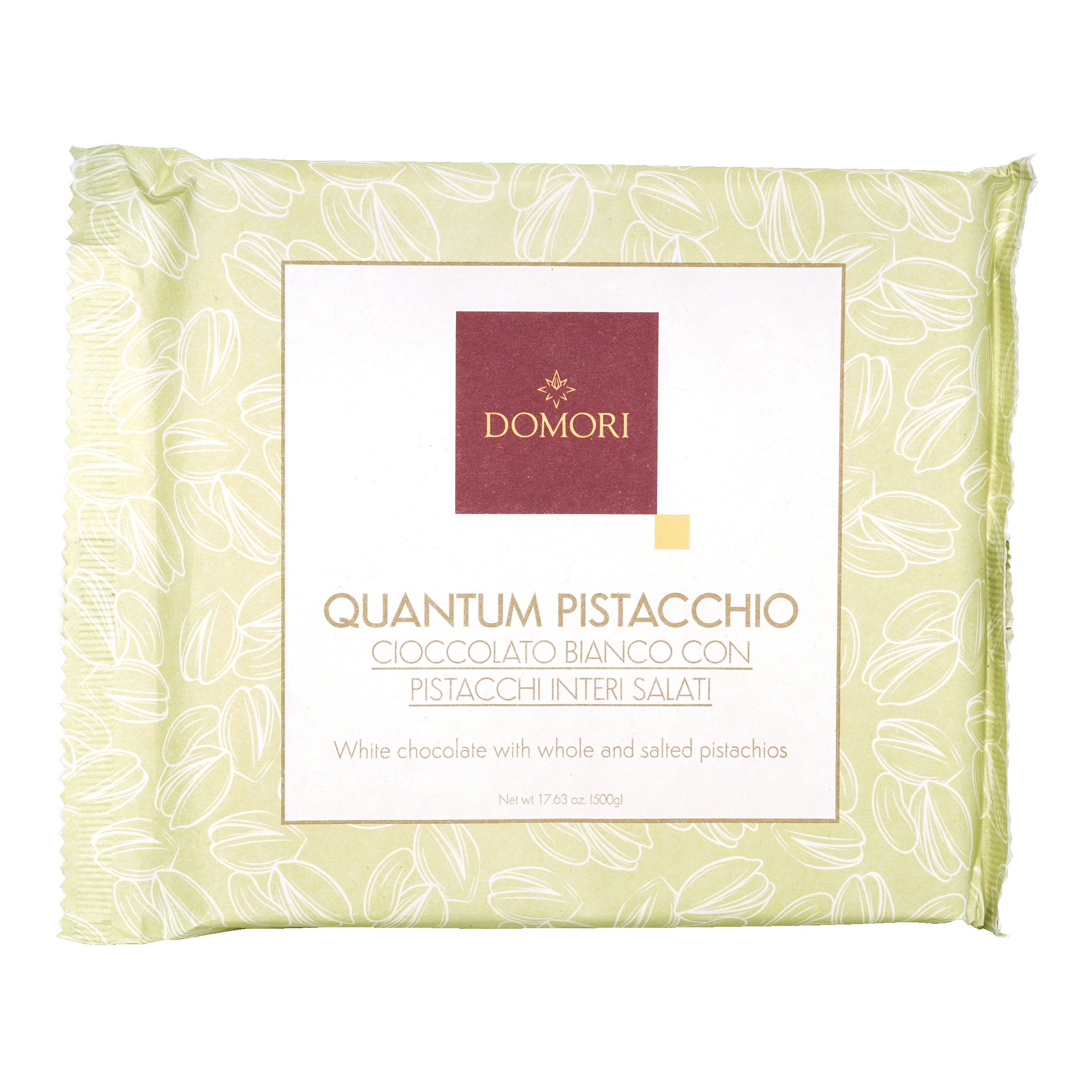 Domori Quantum white chocolate slab with whole salted pistachios in green foil