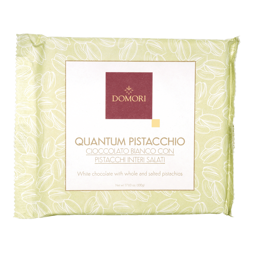 Domori Quantum white chocolate slab with whole salted pistachios in green foil