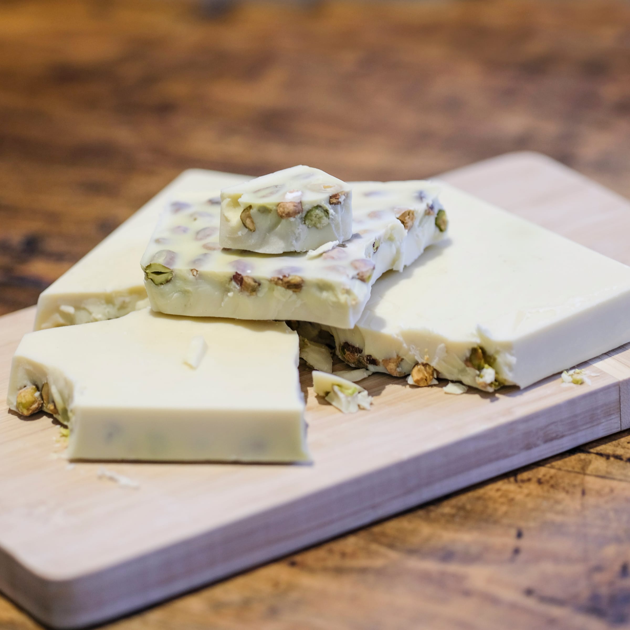 Domori Quantum white chocolate slab with pistachios and coconut
