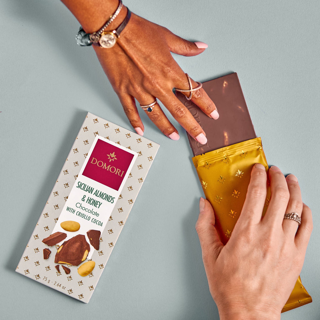 Domori dark milk chocolate bar with Sicilian almonds and honey